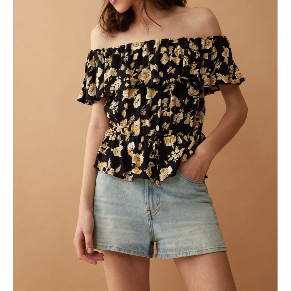 NWT Bohera Aveline Flounce Off-Shoulder Top  Women Sz XL Black Floral Peasant